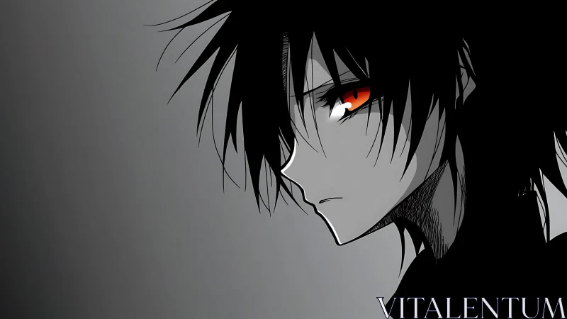 Side profile of monochrome anime character with red eyes