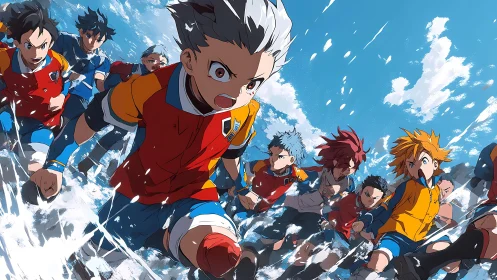 Multiple anime football players run forward across water