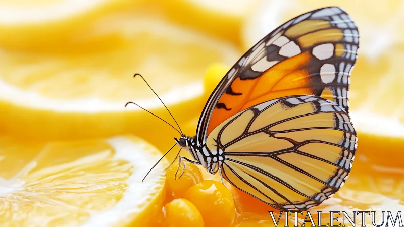Butterfly wings glow against glossy sliced lemon background.