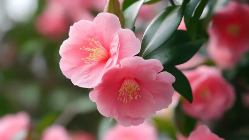 Pink Camellia Flowers in Close Focus With Green Foliage.