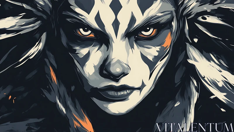 Monochrome feral warrior portrait with tribal mask pattern