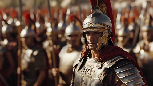 Cinematic close-up of Roman legion officer in formation.