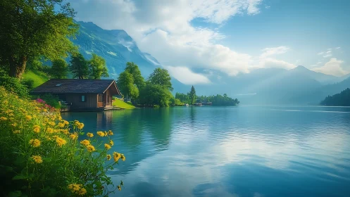 Lakeside cabin with mountain backdrop and flowering shoreline.