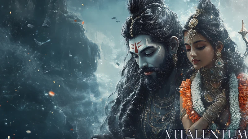 Divine couple rendered in detailed mythic digital art.