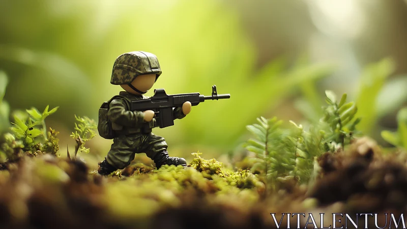 Tiny toy soldier marches bravely through a jungle of moss