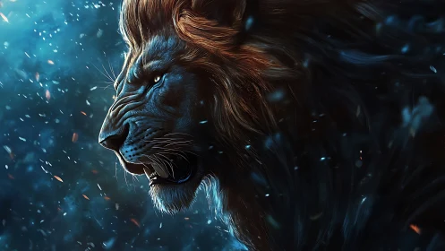 Roaring lion emerges through swirling blue embers and shadow