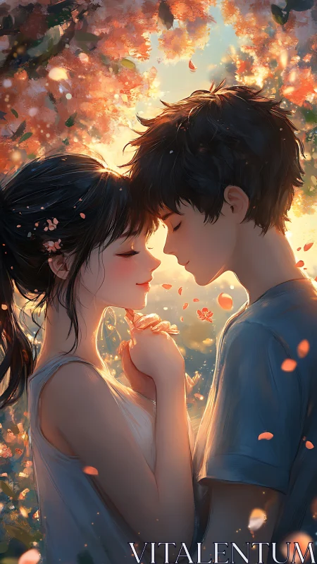Romantic couple under glowing blossoms in soft sunset light.