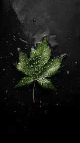 Rain-kissed maple leaf glowing on midnight stone canvas.