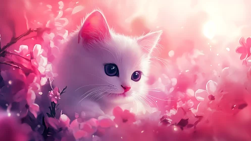 White Cat Among Pink Flowers in Dreamlike Setting.