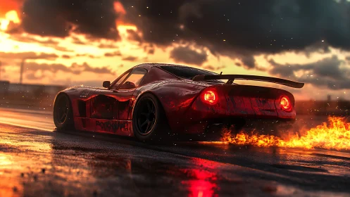 Red sports car on wet track with vivid trailing flames.