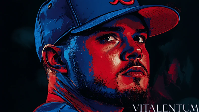 Digital portrait of baseball player in bold red and blue tones.