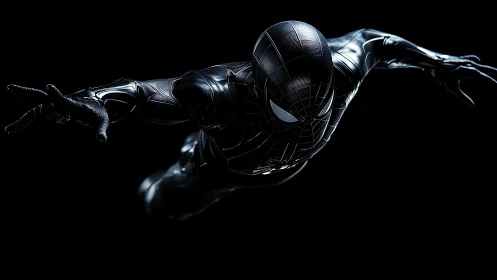 High contrast black-suited acrobatic hero in mid-air glide