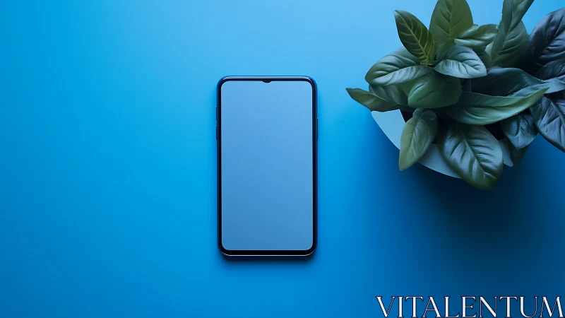 Mobile device positioned centrally against monochromatic blue background with foliage.