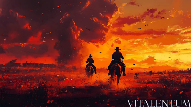 Silhouetted cowboys on horseback in blazing cinematic sunset sky