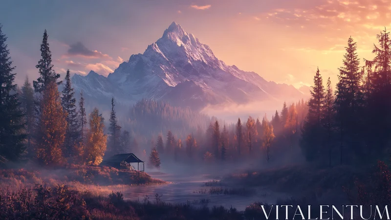 Sunlit mountain refuge beside a misty, peaceful river.