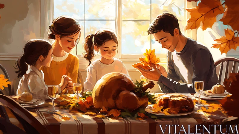 Autumn family dinner scene with roast turkey and warm sunlight