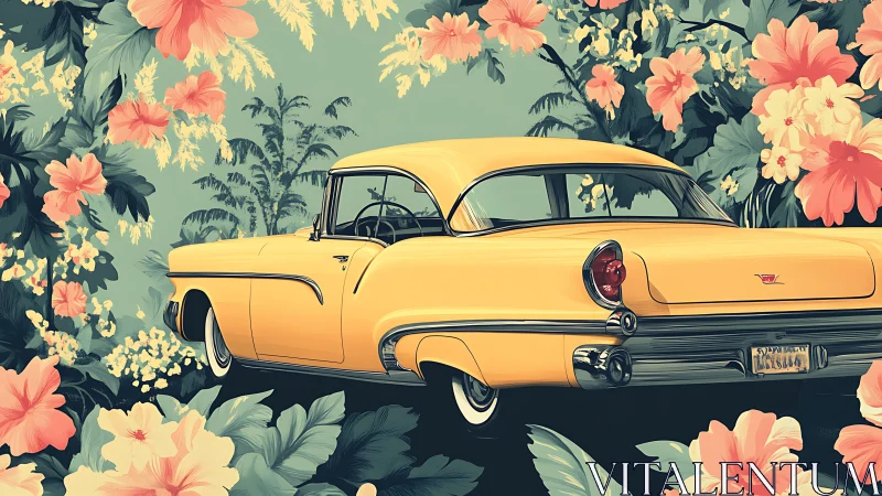 Vintage yellow car glows amid lush tropical flower bloom