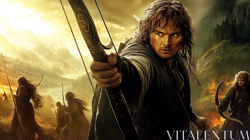 Elven archer squad charges through emberlit mountain warfield.