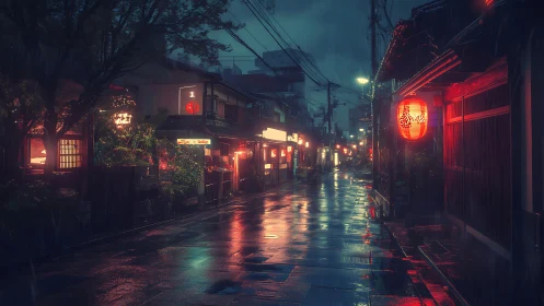 Rain-soaked Japanese alleyway reflects neon lantern luminance