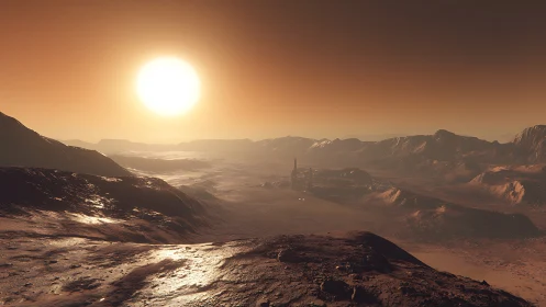 Desert exoplanet sunrise over distant sci fi outpost.