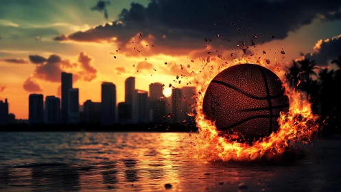 Photorealistic flaming basketball against coastal skyline at dusk.
