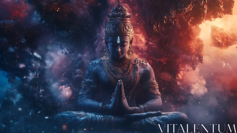Meditating deity statue amid blue and orange cosmic clouds.