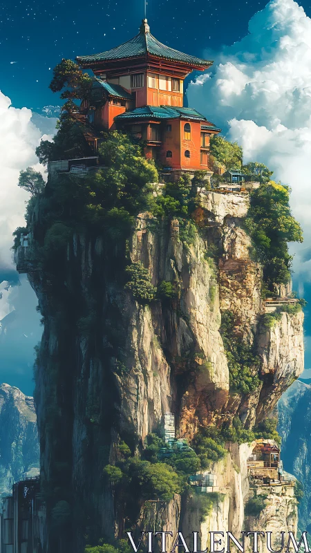 Cliffside temple complex rises vertically above dense clouds