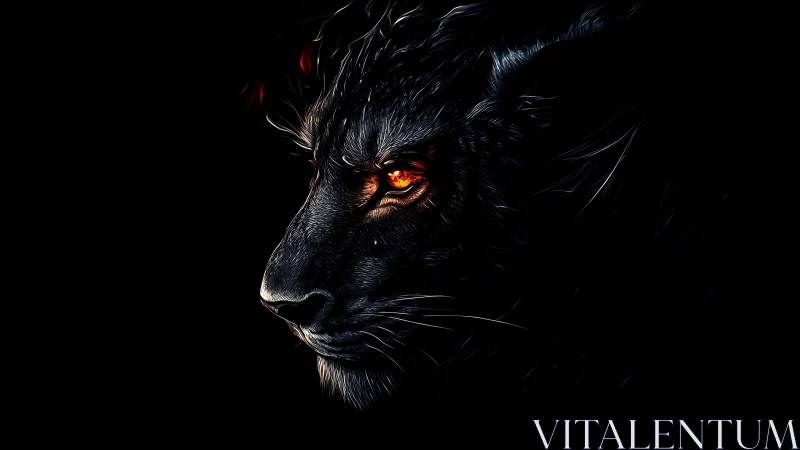 Profile view of black panther with illuminated orange eye.