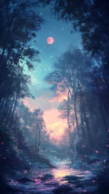 Digital landscape depicts forest clearing with celestial moonrise and atmospheric luminescence