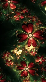 Midnight fractal garden of glowing crimson blossoms.