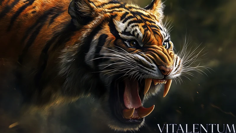 Digitally rendered tiger displays bared fangs in side view