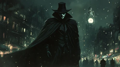 Masked vigilante dominates stormlit Victorian city street.