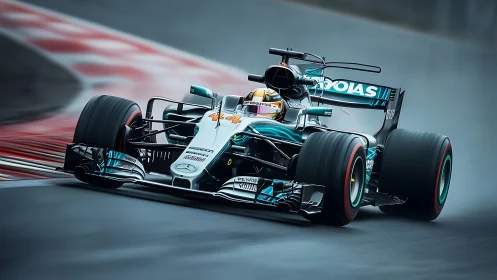 Turbocharged silver arrow carving sparks into wet racetrack.