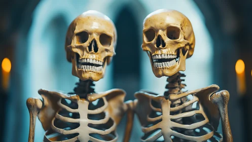 Two human skeleton models stand side by side in soft focus