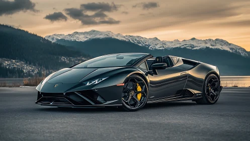 Black convertible sports car on mountain lakeside road.