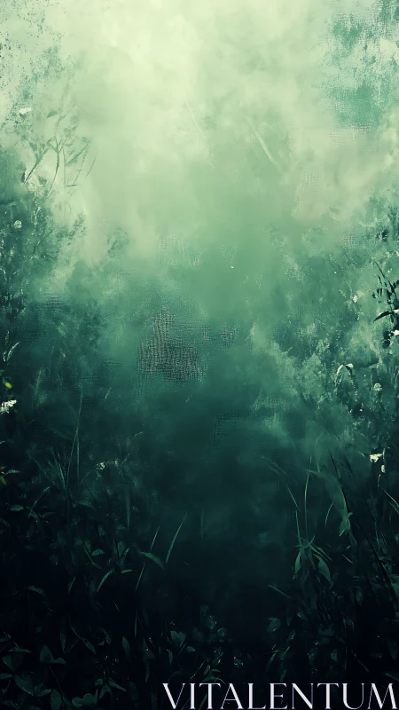 Misty forest undergrowth fades into luminous green haze