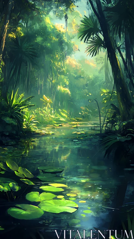 Lush jungle lagoon with reflective water and lily pads.