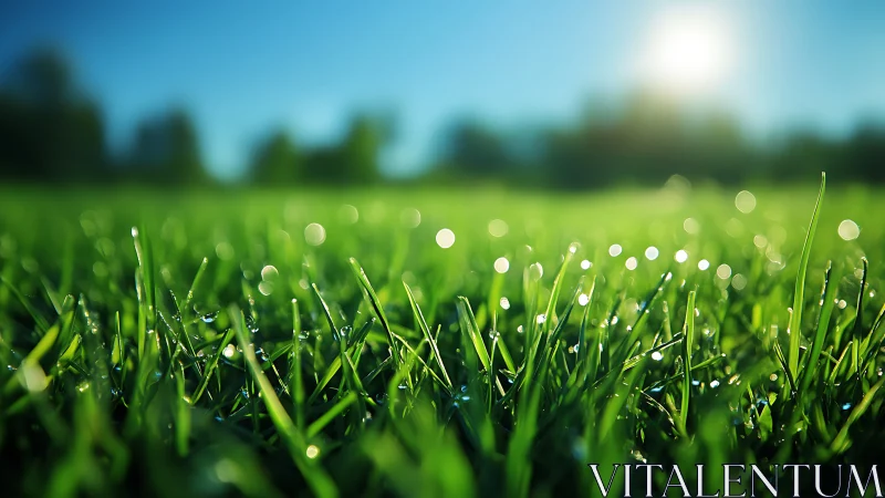 Morning sunlight glows on dew-covered grass blades in macro view