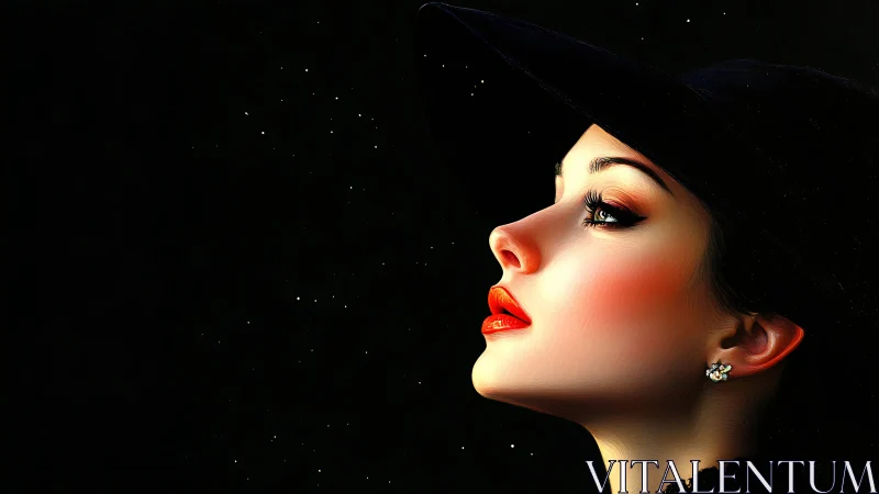 Profile portrait in shadow with vivid red lips glow.