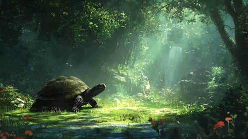 Tortoise in a sunlit forest clearing with distant waterfall.