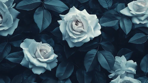 Monochromatic Rose Garden: Cyanotype-Toned Floral Composition.