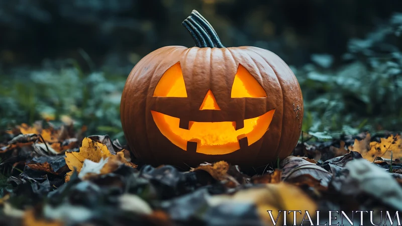 Glowing jack o lantern on autumn forest floor at dusk.