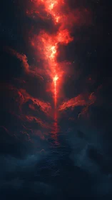 Vertical red energy rift over dark ocean and clouds.