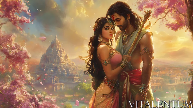 Temple garden lovers in sunlit mythic bloom of devotion.