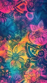 Psychedelic floral silhouettes glow in radiant neon haze.