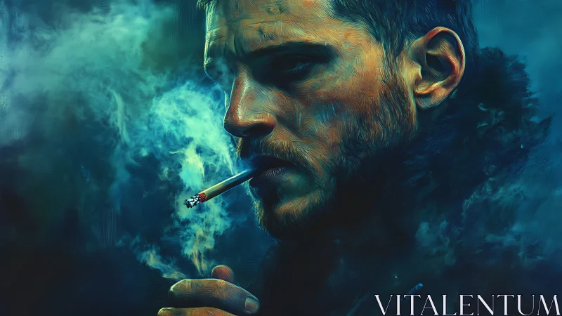Moody blue portrait of a pensive man in drifting smoke.