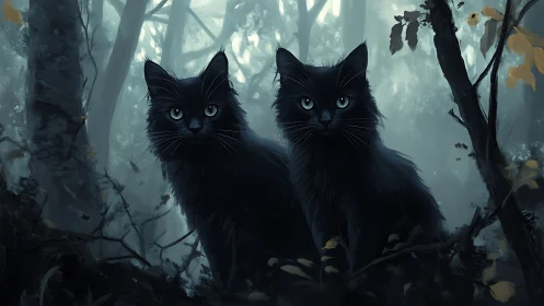 Two Black Cats with Luminous Eyes in Misty Forest Setting.
