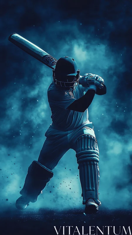 Cricket batter drives under dramatic blue stadium smoke.
