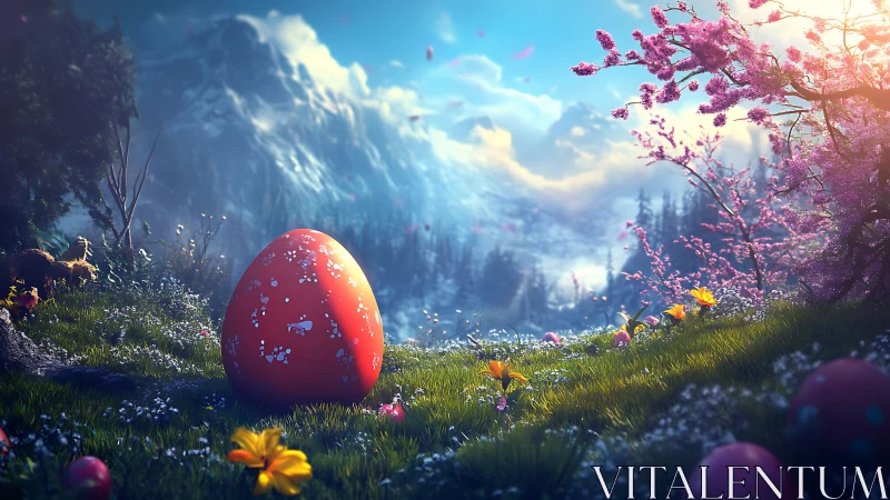 Glowing red egg rests in a dreamy spring mountain meadow
