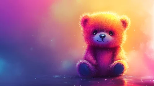Radiant neon teddy bear in dreamy gradient glow scene.